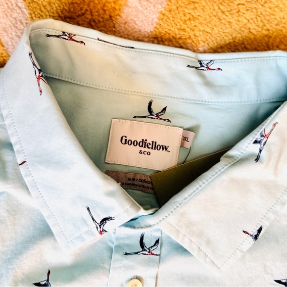 Goodfellow & Co XXL Short Sleeve Shirt Blue Tropical Birds NEW NWT SLIM - Picture 3 of 8